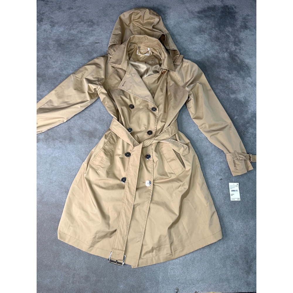 Michael Kors Trench Coat Womens Large Khaki Hooded Belted Waist Double Breasted